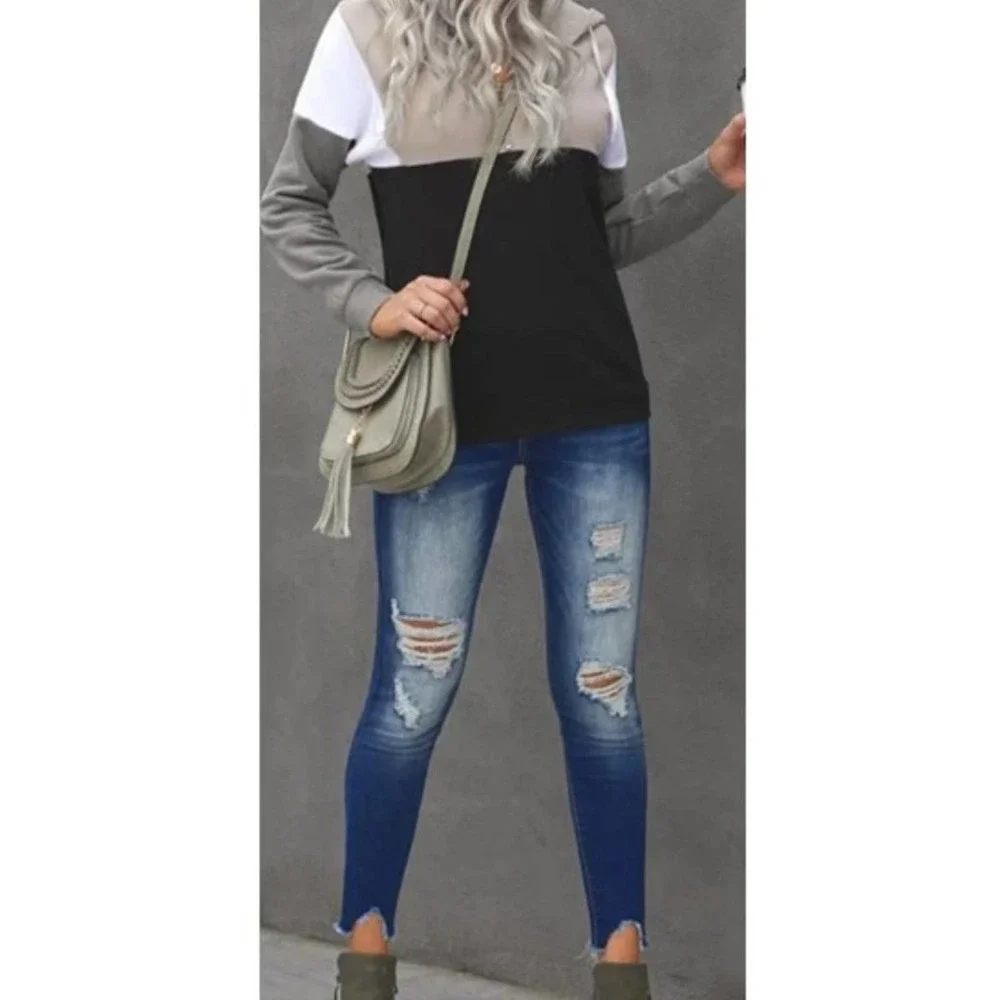 Women's Color Block Draw String 1/4 Zip Pull On Hoodie - Picture 3 of 5